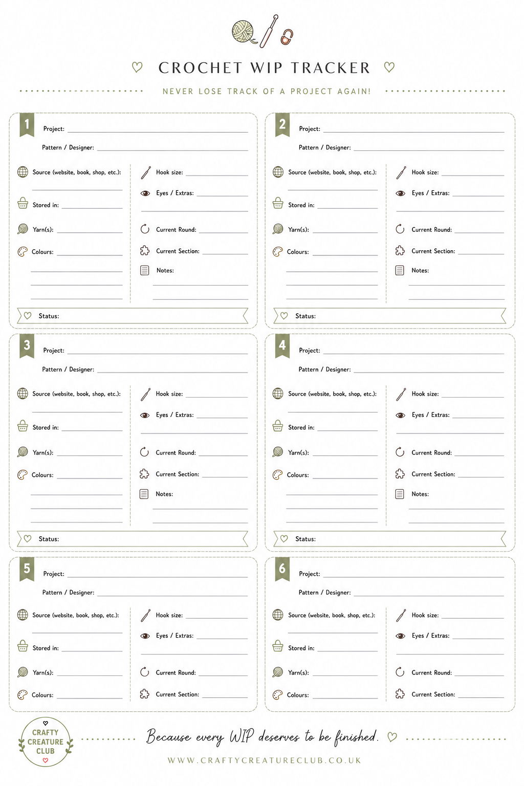 Free Crochet WIP Tracker Printable (PDF)