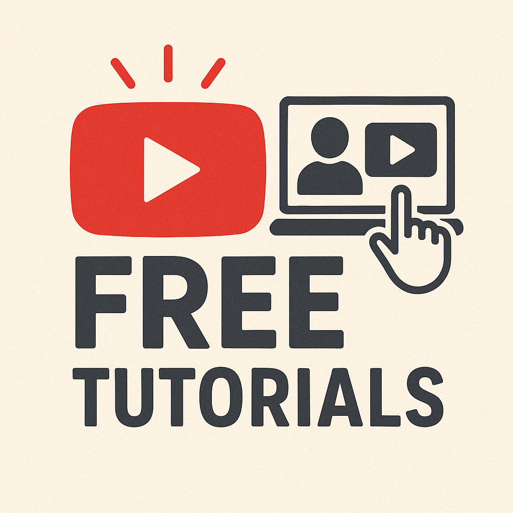 Logo with a play button and laptop icon, accompanied by 'FREE TUTORIALS' text on a beige background.