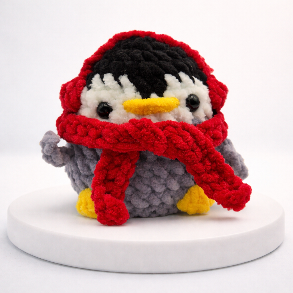 Close-up of Iggy the penguin amigurumi with red scarf and earmuffs, crocheted in plush chenille yarn
