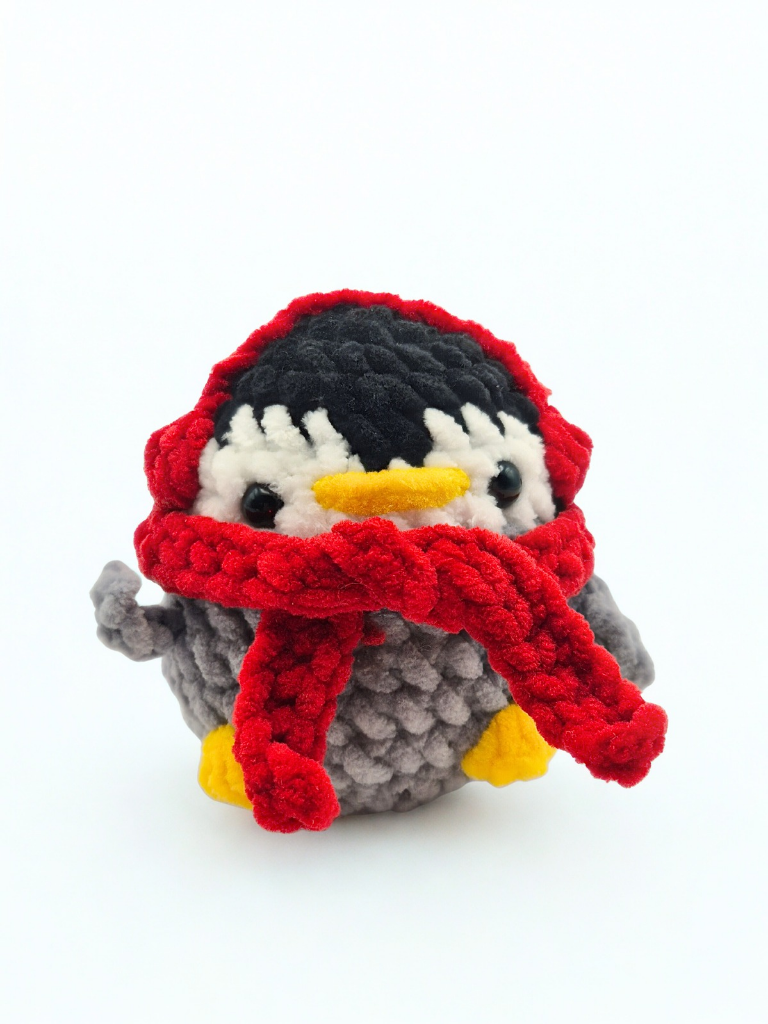 Finished plush penguin made from the Iggy penguin crochet kit, wearing a red scarf and earmuffs