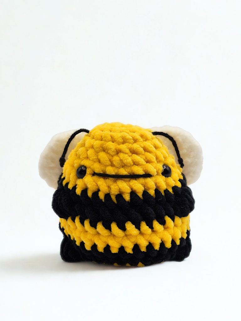 Finished plush bumblebee made from the Kobe bumblebee crochet kit