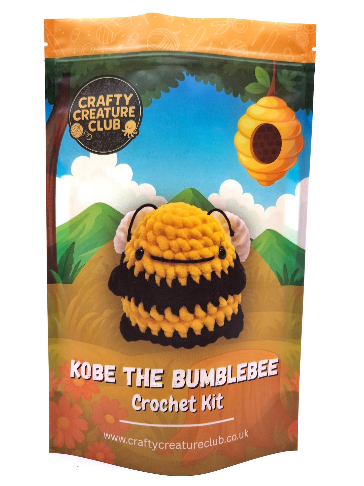 Crochet kit packaging for Kobe the Bumblebee with a bee-themed design on the front.
