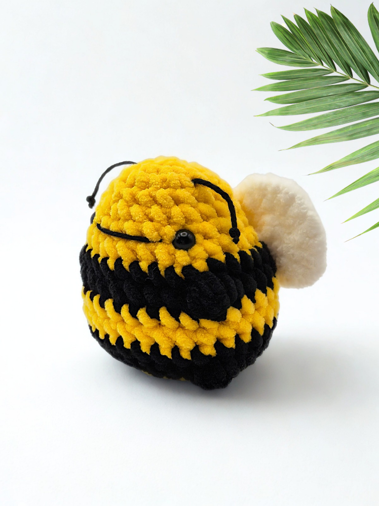 Kobe the bumblebee crochet kit toy made using plush chenille yarn