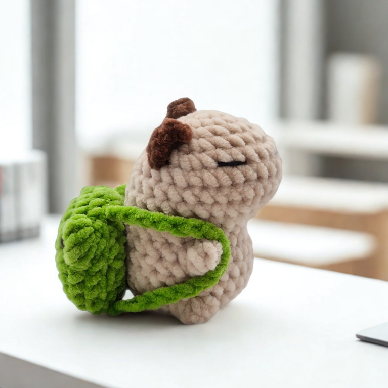 Crochet capybara wearing a tiny removable frog backpack, detailed amigurumi accessory.