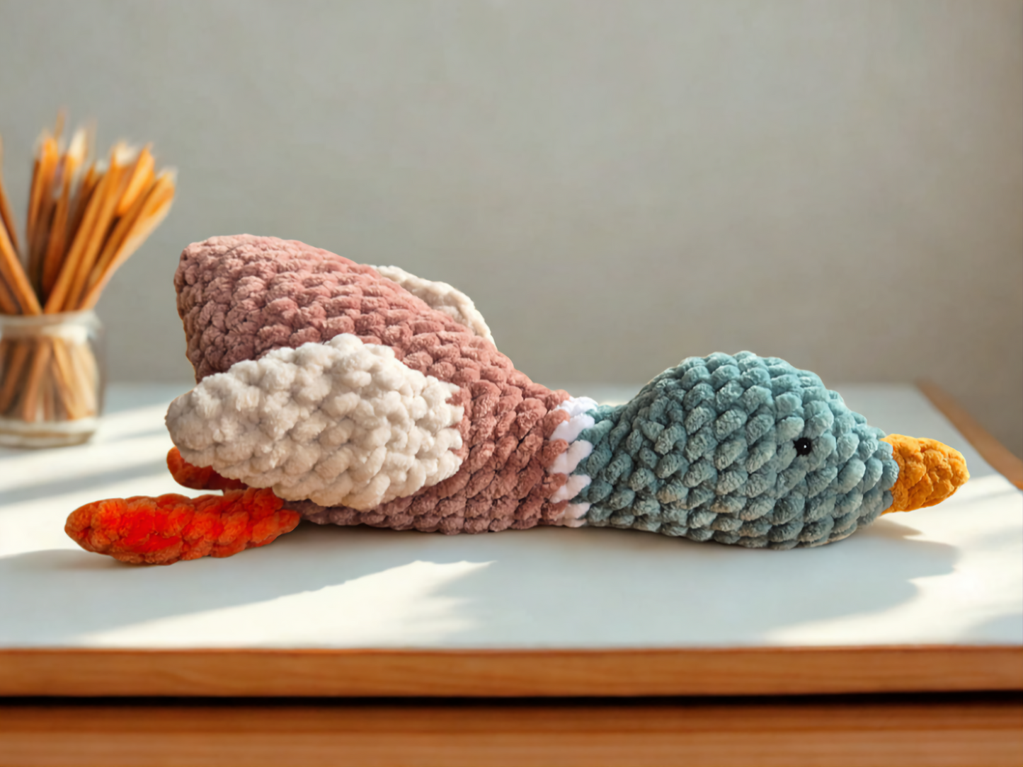 Reed the mallard duck amigurumi crochet plush, handmade using a crochet pattern.